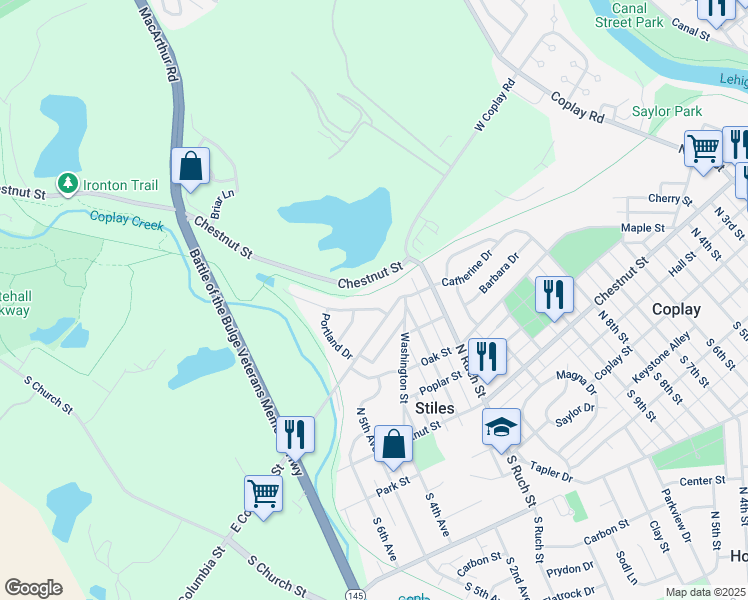 map of restaurants, bars, coffee shops, grocery stores, and more near 3853 Chestnut Street in Lehigh County