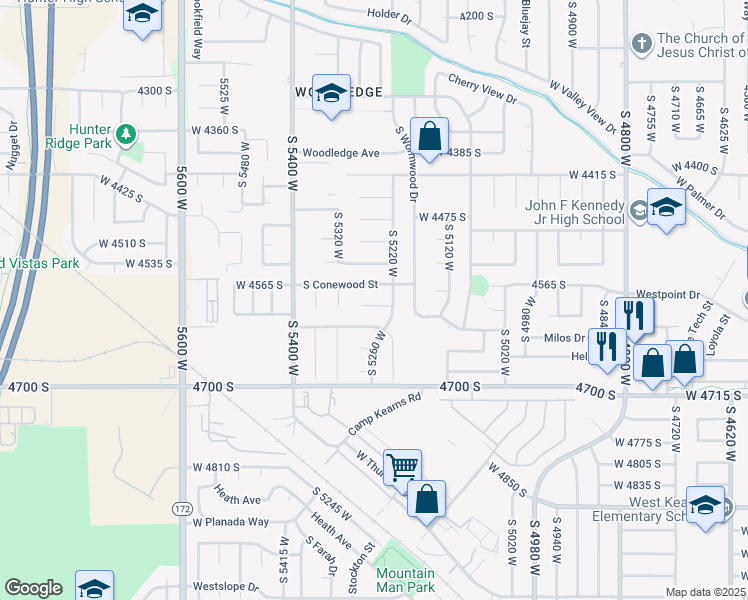 map of restaurants, bars, coffee shops, grocery stores, and more near 5254 Grovewood Circle in West Valley City
