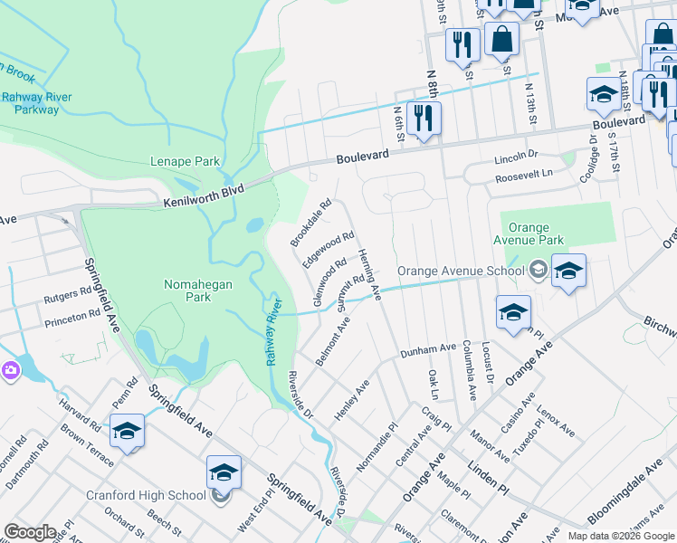 map of restaurants, bars, coffee shops, grocery stores, and more near 108 Edgewood Road in Cranford