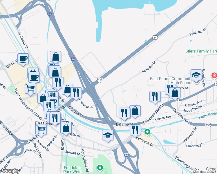 map of restaurants, bars, coffee shops, grocery stores, and more near 289 Fondulac Drive in East Peoria