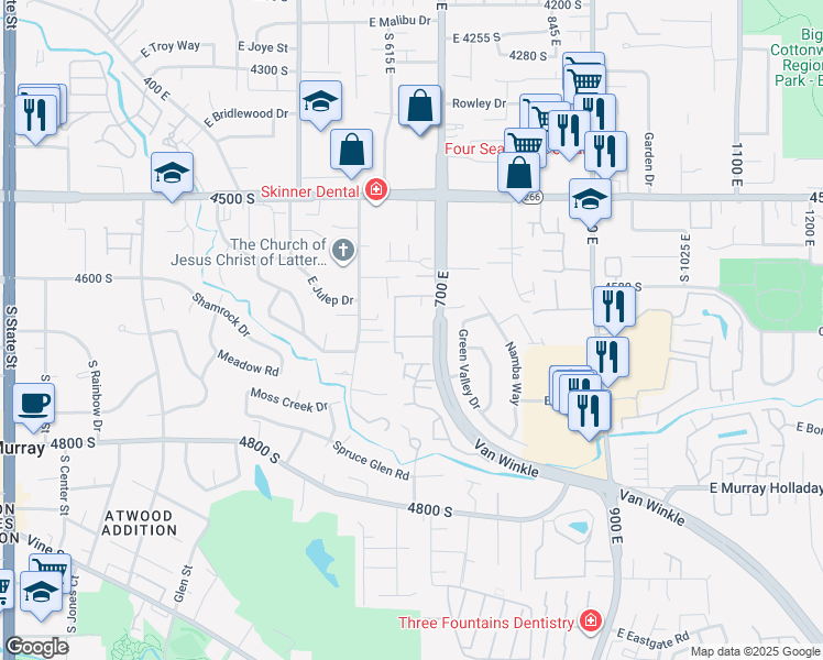 map of restaurants, bars, coffee shops, grocery stores, and more near 640 Brittany Drive in Murray