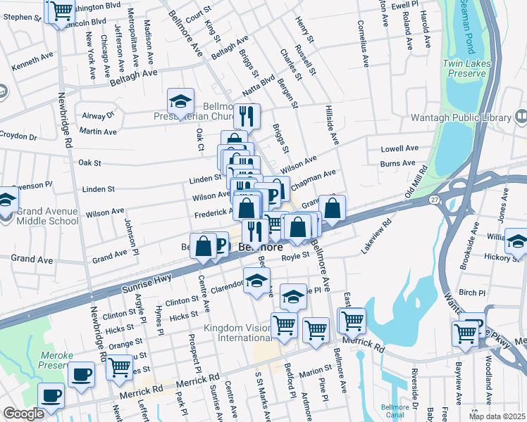 map of restaurants, bars, coffee shops, grocery stores, and more near 11 Bedford Court in Bellmore