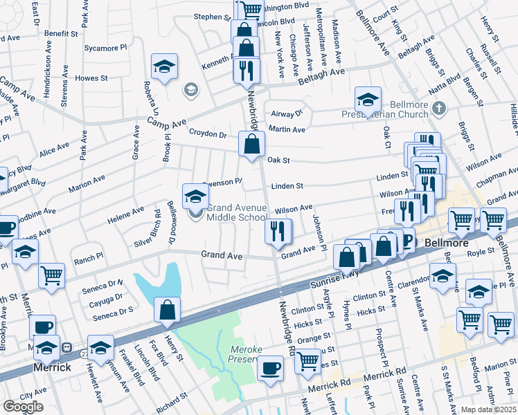 map of restaurants, bars, coffee shops, grocery stores, and more near 2444 Swenson Place in Bellmore