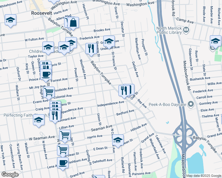 map of restaurants, bars, coffee shops, grocery stores, and more near 200 Woodside Avenue in Freeport