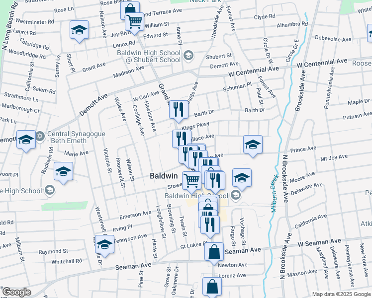 map of restaurants, bars, coffee shops, grocery stores, and more near 810 Wallace Avenue in Baldwin