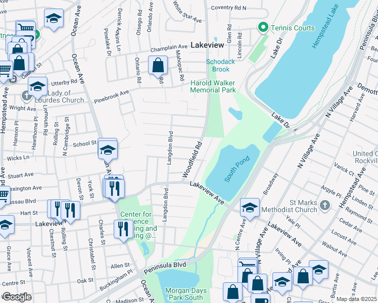 map of restaurants, bars, coffee shops, grocery stores, and more near 425 Clinton Avenue in Rockville Centre