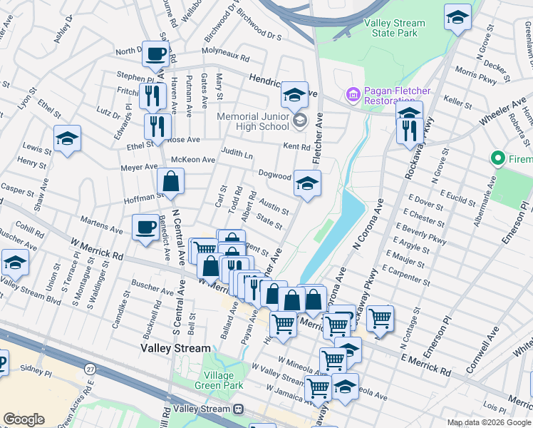 map of restaurants, bars, coffee shops, grocery stores, and more near 31 Austin Street in Valley Stream