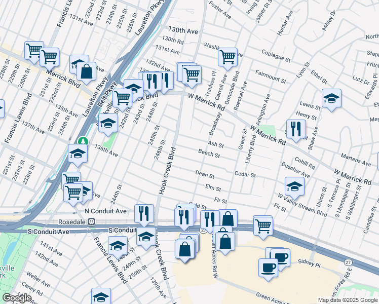 map of restaurants, bars, coffee shops, grocery stores, and more near 190 134th Avenue in Valley Stream