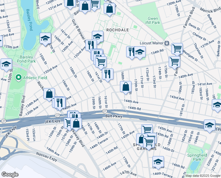 map of restaurants, bars, coffee shops, grocery stores, and more near 137-21 161 Street in Queens