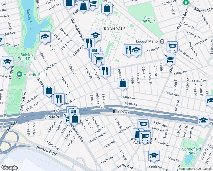map of restaurants, bars, coffee shops, grocery stores, and more near 137-21 161 Street in Queens