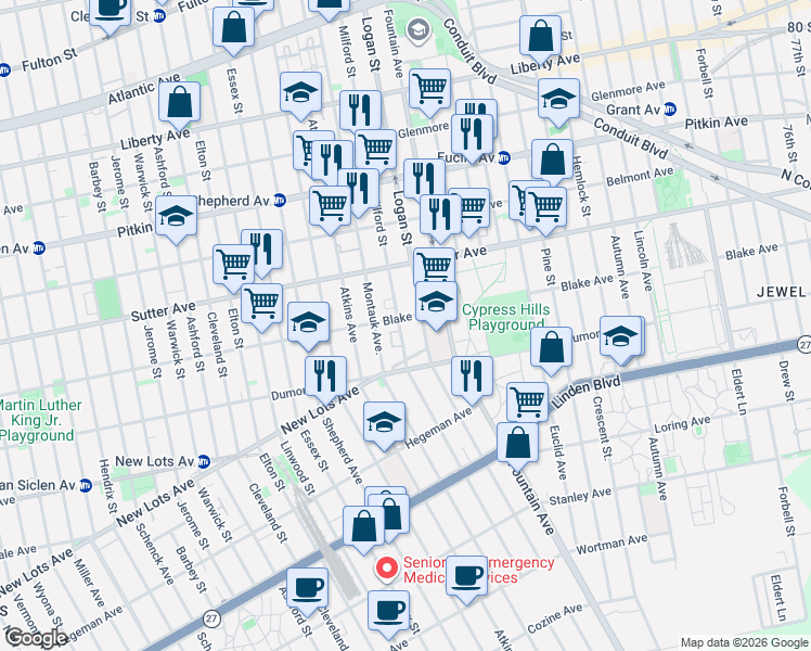 map of restaurants, bars, coffee shops, grocery stores, and more near 332 Milford Street in Brooklyn