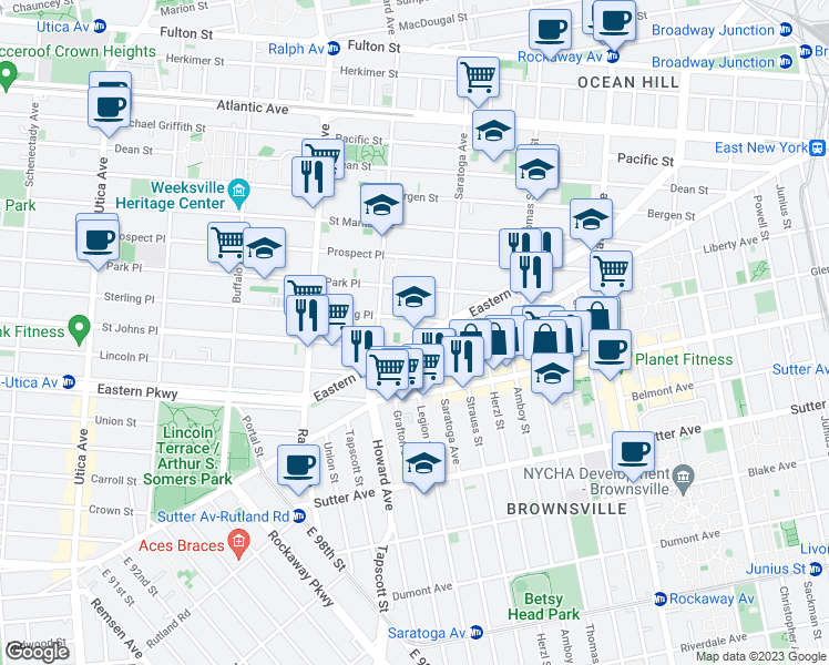 map of restaurants, bars, coffee shops, grocery stores, and more near 1815 Sterling Place in Brooklyn