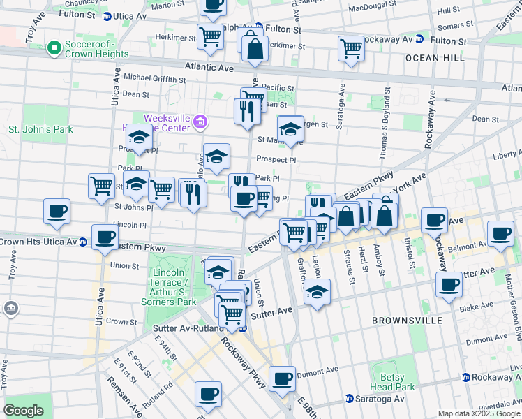 map of restaurants, bars, coffee shops, grocery stores, and more near 1730A Sterling Place in Brooklyn