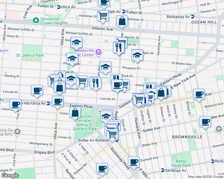 map of restaurants, bars, coffee shops, grocery stores, and more near 1662 Sterling Place in Brooklyn