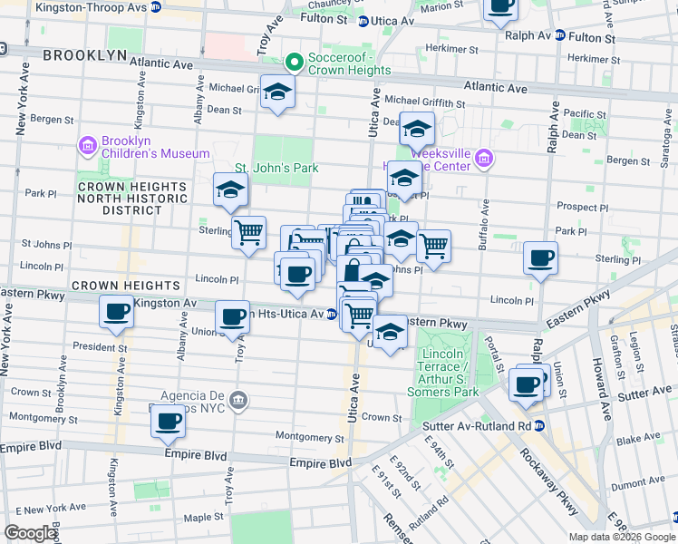 map of restaurants, bars, coffee shops, grocery stores, and more near 1399 Saint Johns Place in Brooklyn