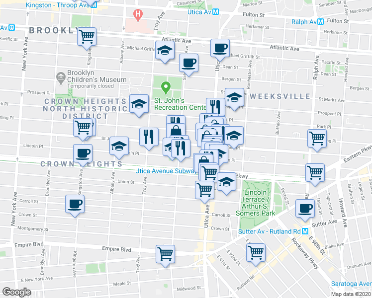 map of restaurants, bars, coffee shops, grocery stores, and more near 231 Schenectady Avenue in Brooklyn