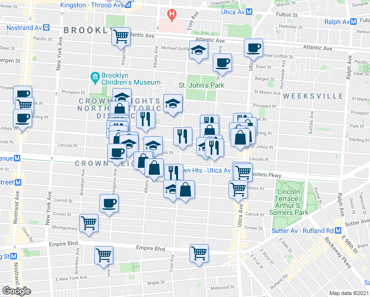 map of restaurants, bars, coffee shops, grocery stores, and more near 257 Troy Avenue in Brooklyn