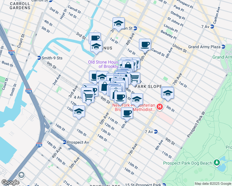map of restaurants, bars, coffee shops, grocery stores, and more near 307 7th Street in Brooklyn