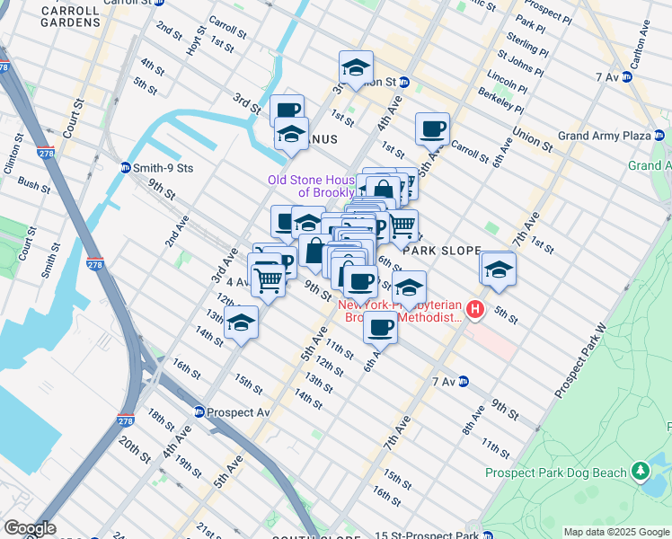 map of restaurants, bars, coffee shops, grocery stores, and more near 307 7th Street in Brooklyn