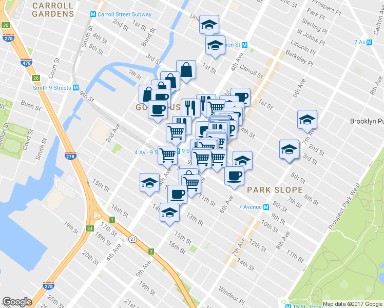 map of restaurants, bars, coffee shops, grocery stores, and more near 225 8th Street in Brooklyn