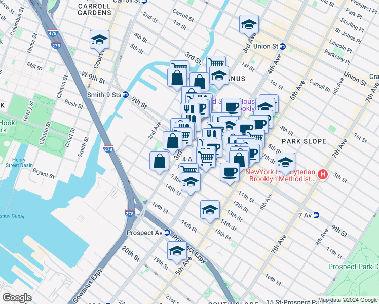 map of restaurants, bars, coffee shops, grocery stores, and more near 208 9th Street in Brooklyn