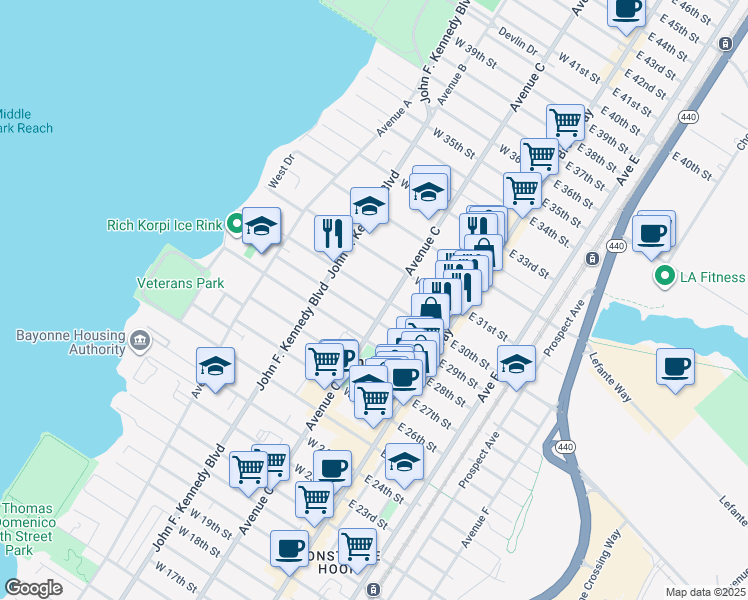 map of restaurants, bars, coffee shops, grocery stores, and more near 65 West 30th Street in Bayonne