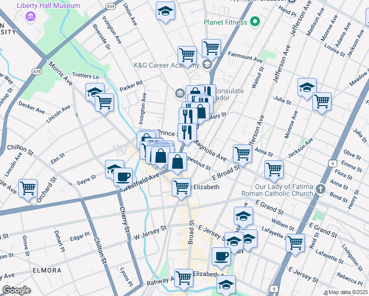 map of restaurants, bars, coffee shops, grocery stores, and more near 332-42 North Broad Street in Elizabeth
