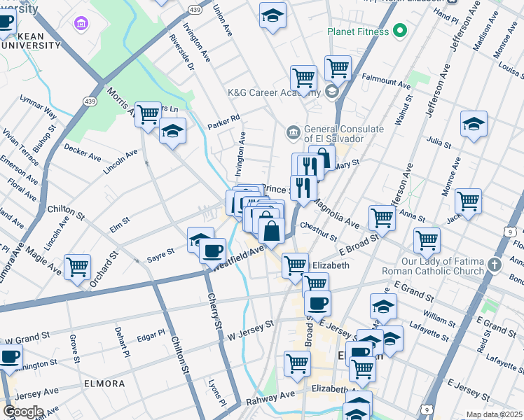 map of restaurants, bars, coffee shops, grocery stores, and more near 363 Union Avenue in Elizabeth
