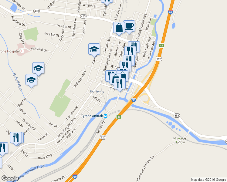 map of restaurants, bars, coffee shops, grocery stores, and more near 23-25 West 10th Street in Tyrone