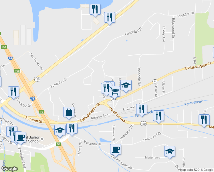 map of restaurants, bars, coffee shops, grocery stores, and more near 324 Arnold Avenue in East Peoria