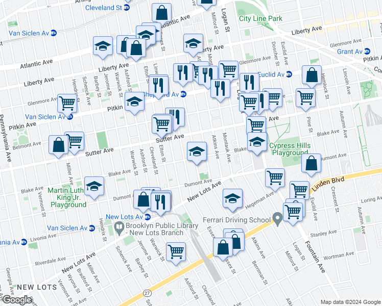 map of restaurants, bars, coffee shops, grocery stores, and more near 566 Shepherd Avenue in Brooklyn