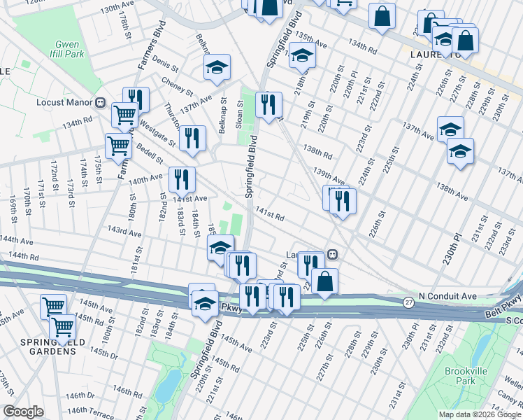 map of restaurants, bars, coffee shops, grocery stores, and more near 141-06 219th Street in Queens