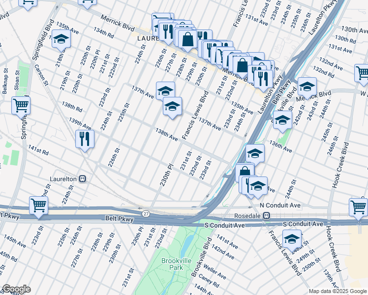 map of restaurants, bars, coffee shops, grocery stores, and more near 230-15 138th Avenue in Queens