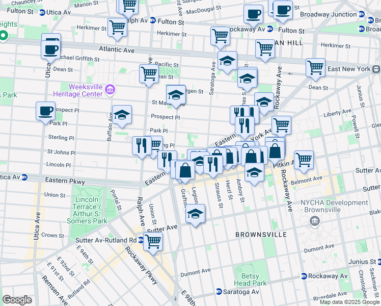 map of restaurants, bars, coffee shops, grocery stores, and more near 1501 Eastern Parkway in Brooklyn