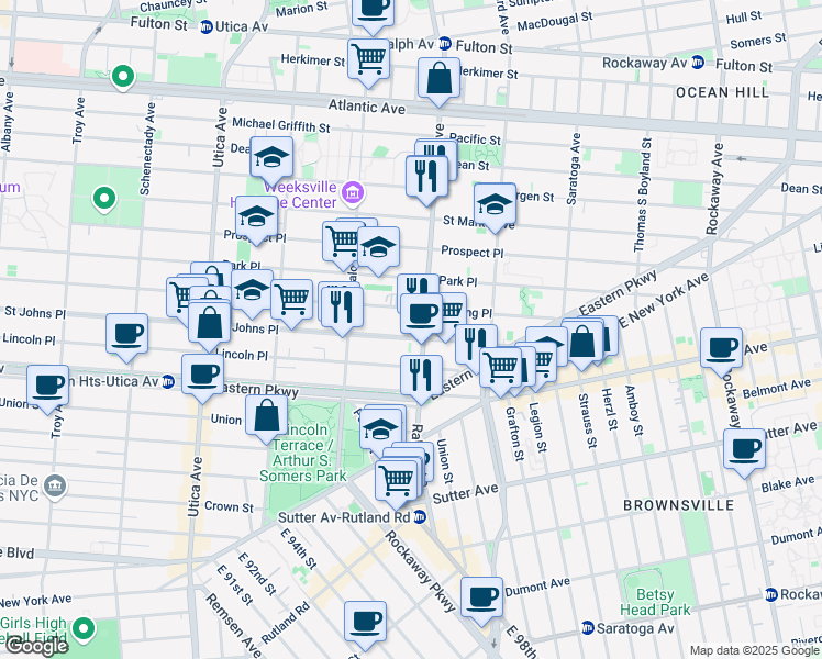 map of restaurants, bars, coffee shops, grocery stores, and more near 1662 Sterling Place in Brooklyn