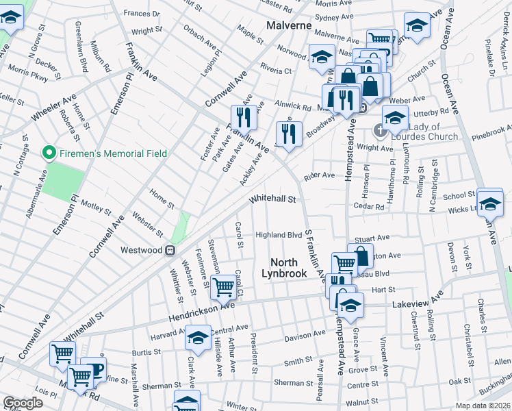 map of restaurants, bars, coffee shops, grocery stores, and more near 490 Whitehall Street in Lynbrook