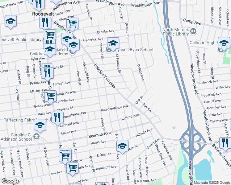 map of restaurants, bars, coffee shops, grocery stores, and more near 215 Colonial Avenue in Freeport