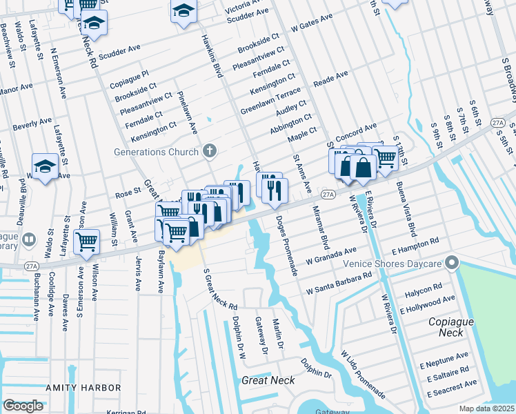 map of restaurants, bars, coffee shops, grocery stores, and more near 105 Hawkins Boulevard in Copiague