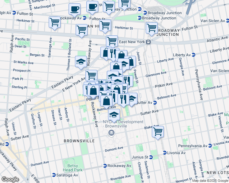 map of restaurants, bars, coffee shops, grocery stores, and more near 1765 Pitkin Avenue in Brooklyn