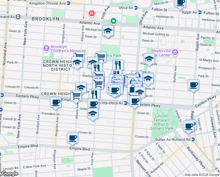 map of restaurants, bars, coffee shops, grocery stores, and more near 1320 Saint Johns Place in Brooklyn