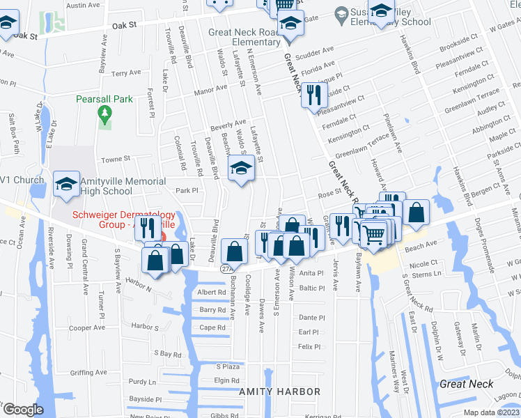 map of restaurants, bars, coffee shops, grocery stores, and more near 77 Lafayette Street in Copiague