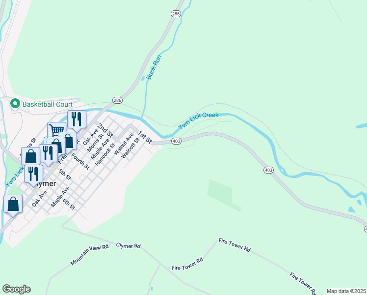 map of restaurants, bars, coffee shops, grocery stores, and more near Hillside Drive in Indiana County