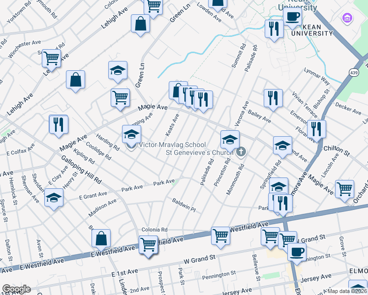 map of restaurants, bars, coffee shops, grocery stores, and more near 185 Glenwood Road in Elizabeth