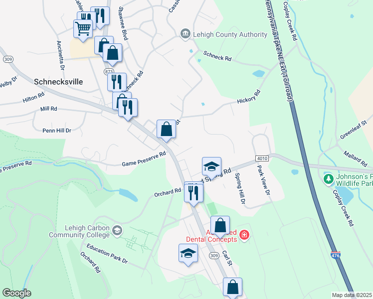 map of restaurants, bars, coffee shops, grocery stores, and more near 4655 Martin Lane in Schnecksville