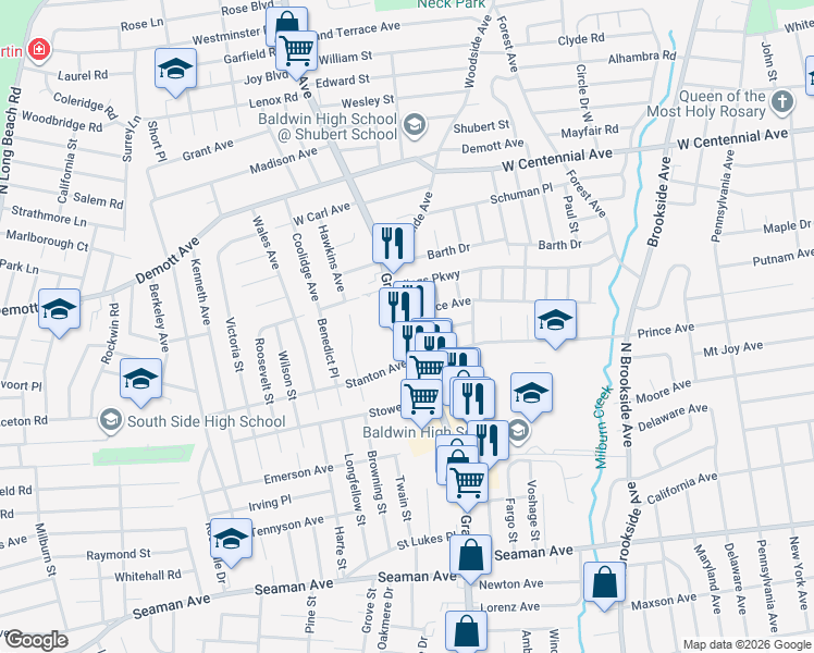 map of restaurants, bars, coffee shops, grocery stores, and more near 810 Wallace Avenue in Baldwin
