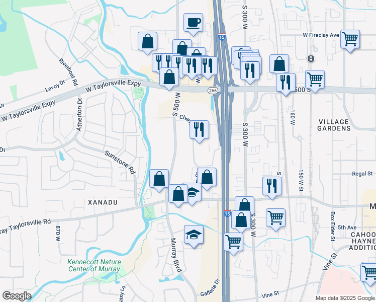 map of restaurants, bars, coffee shops, grocery stores, and more near 4655 500 West in Murray