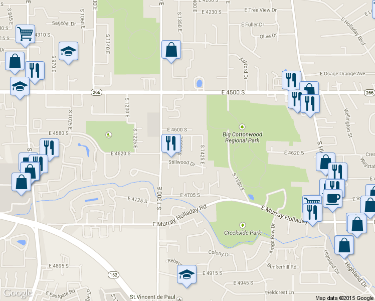 map of restaurants, bars, coffee shops, grocery stores, and more near 4607 Stockbridge Lane in Millcreek