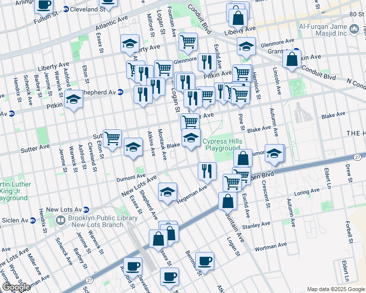 map of restaurants, bars, coffee shops, grocery stores, and more near 615 Logan Street in Brooklyn