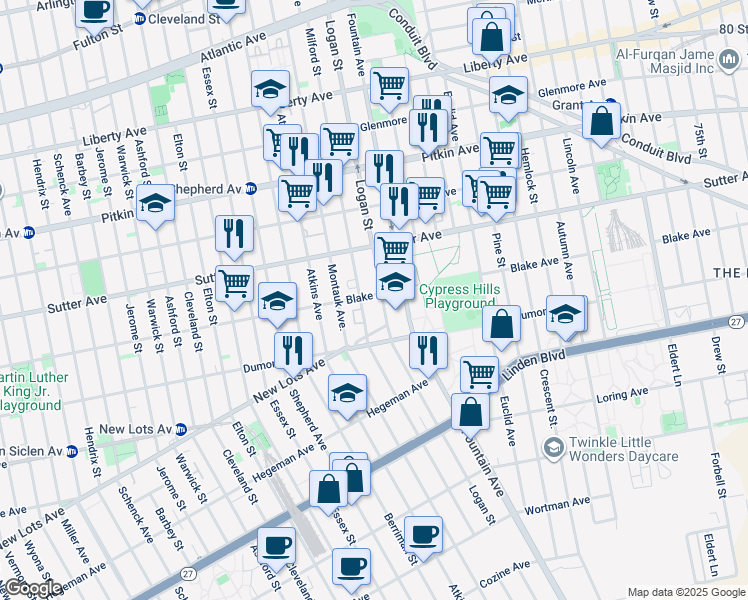map of restaurants, bars, coffee shops, grocery stores, and more near 615 Logan Street in Brooklyn