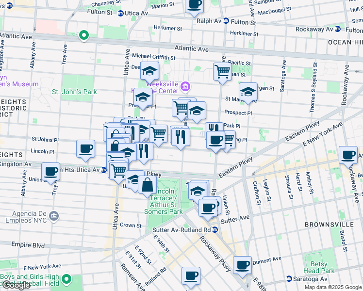 map of restaurants, bars, coffee shops, grocery stores, and more near 1598 Sterling Place in Brooklyn